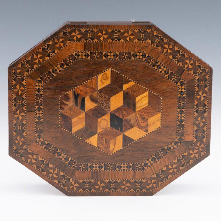 Wood Tunbridge Ware Games Box with Cubework c1840 For Sale