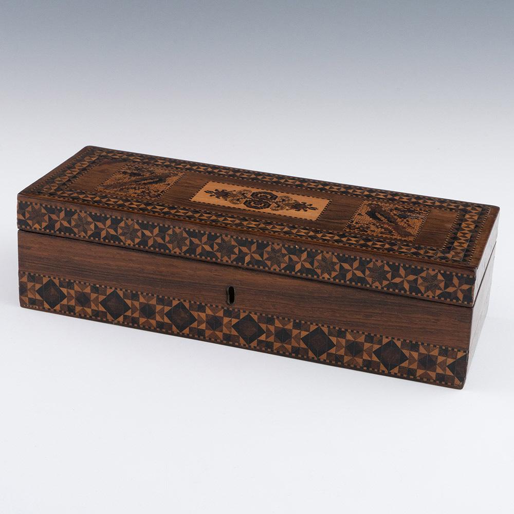 Heading : Tunbridge ware glove box attributable to George Burrows c1845

Date : c1845

Period : Victoria

Origin : Tunbridge Wells, Kent

Decoration : Central stylised foliate mosaic flanked on either side by two bird mosaics. tickware border within