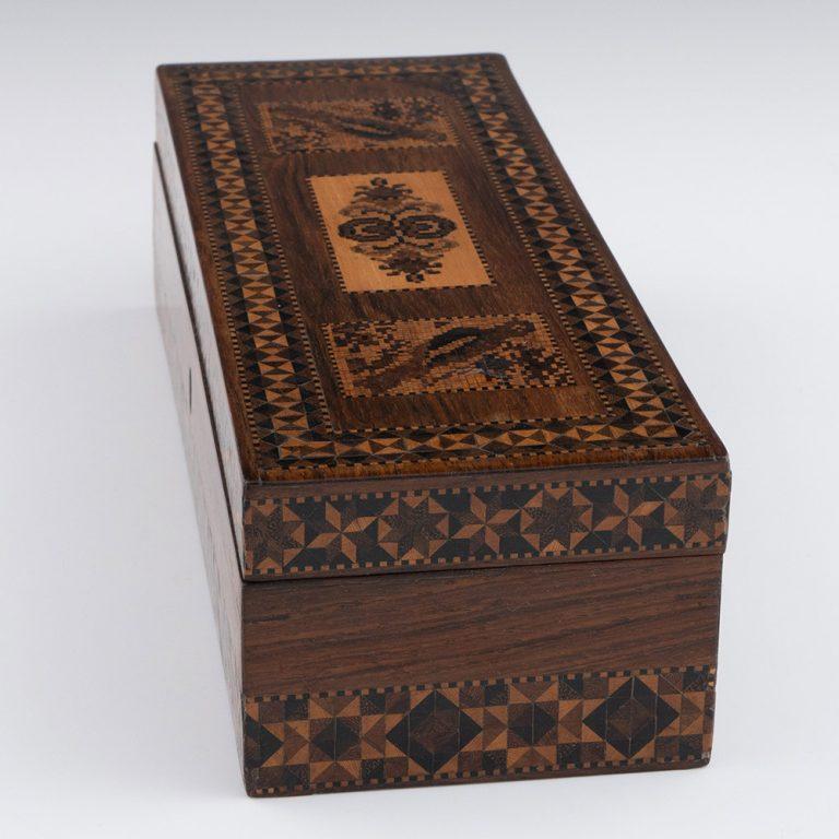 Victorian Tunbridge Ware Glove Box Attributable to Burrows c1845 For Sale