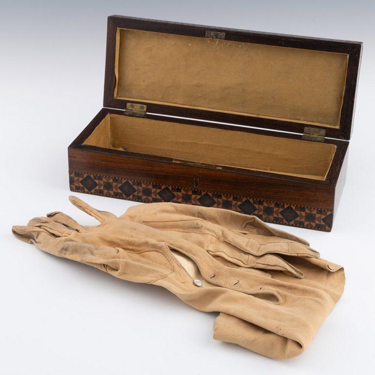 Wood Tunbridge Ware Glove Box Attributable to Burrows c1845 For Sale