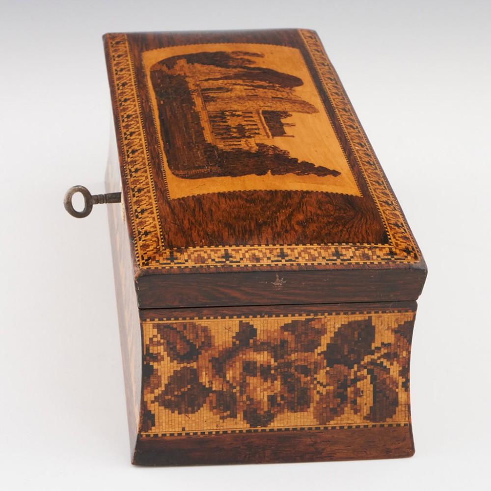 Victorian Tunbridge Ware Glove Box with Image of Tonbridge Castle c1860