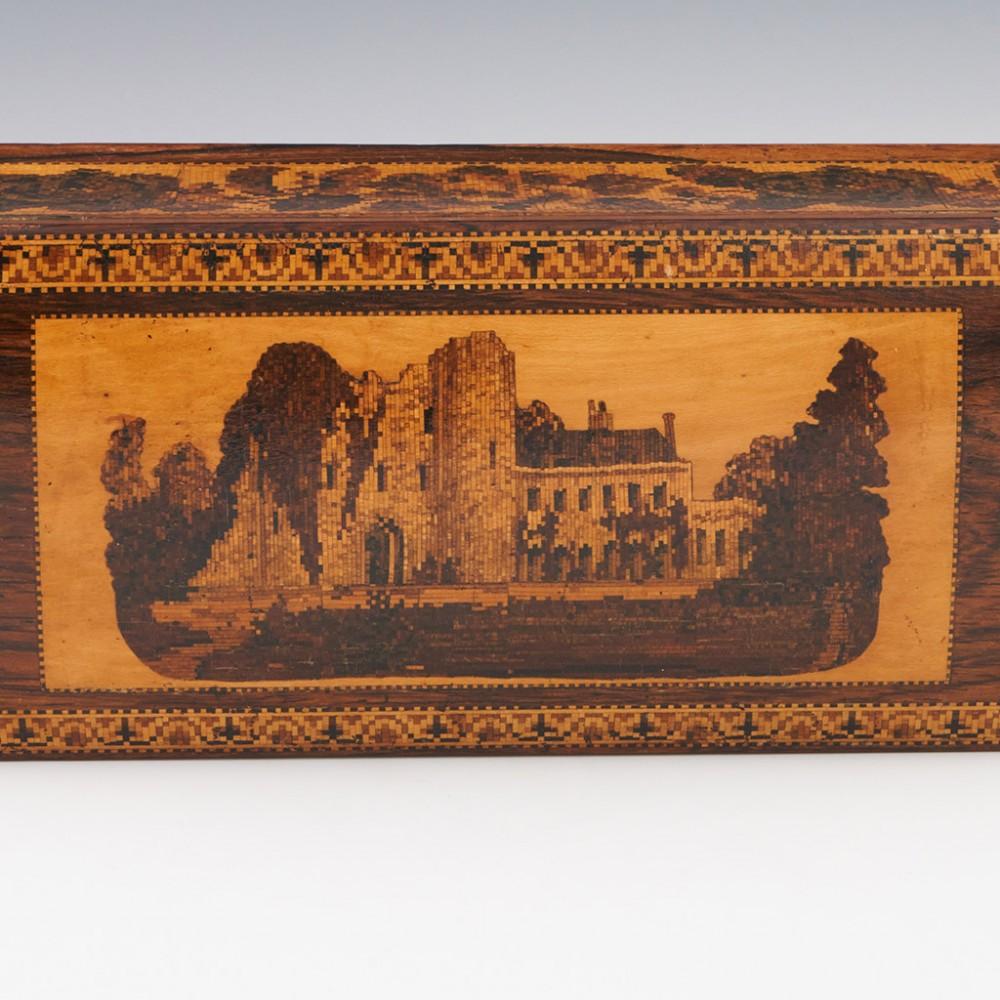 Wood Tunbridge Ware Glove Box with Image of Tonbridge Castle c1860