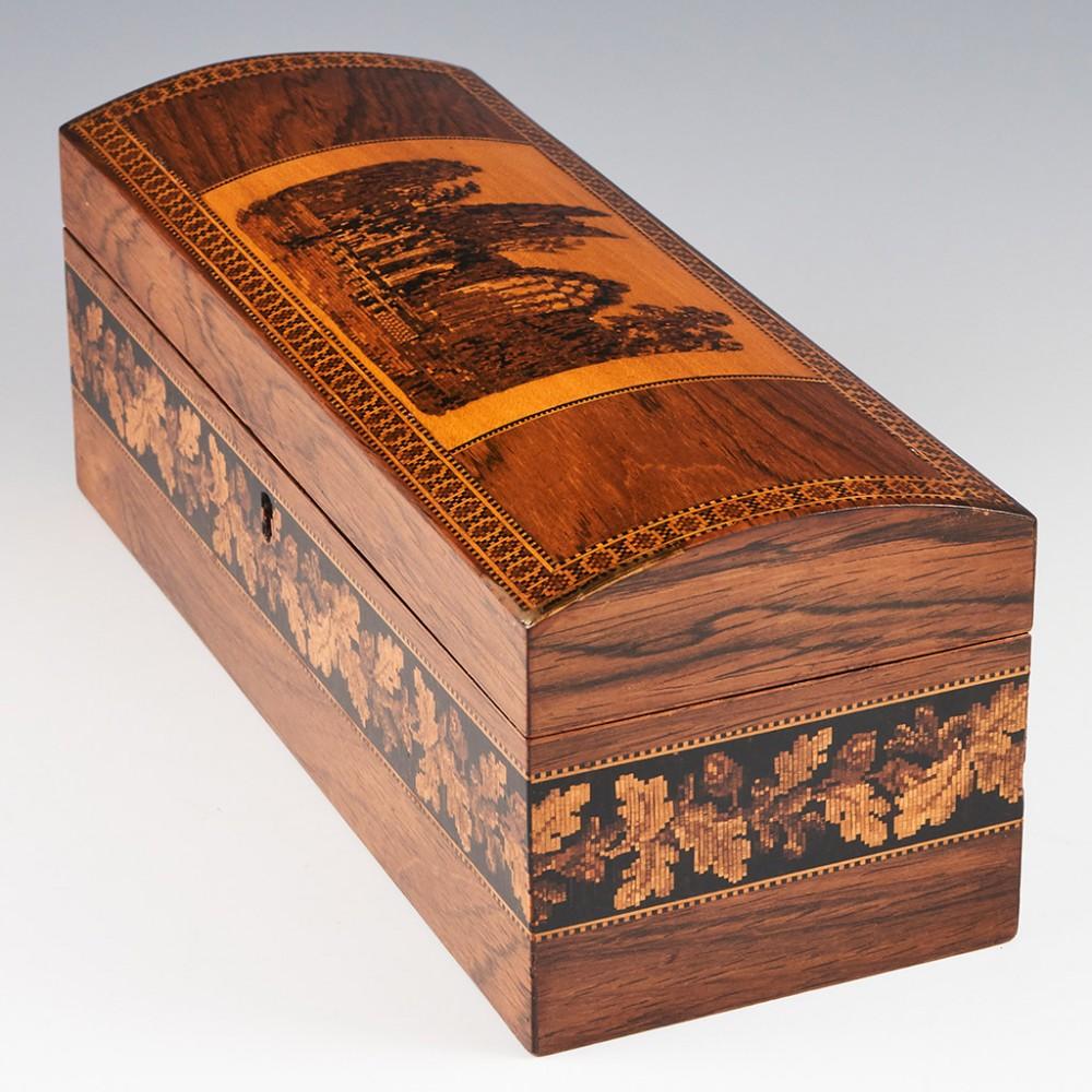 English Tunbridge Ware Glovebox with Mosaic Depicting Muckross Abbey, c1870 For Sale