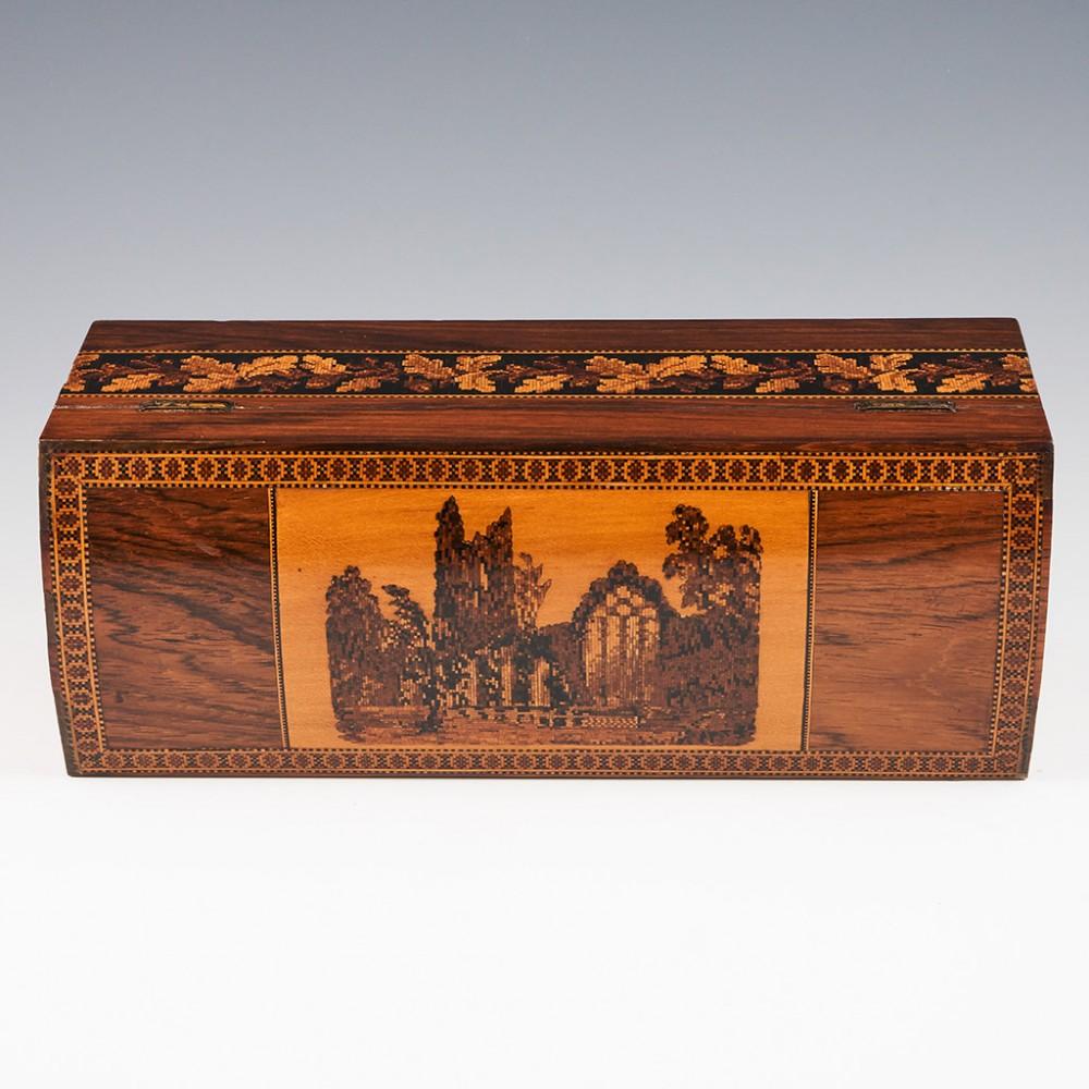 19th Century Tunbridge Ware Glovebox with Mosaic Depicting Muckross Abbey, c1870 For Sale