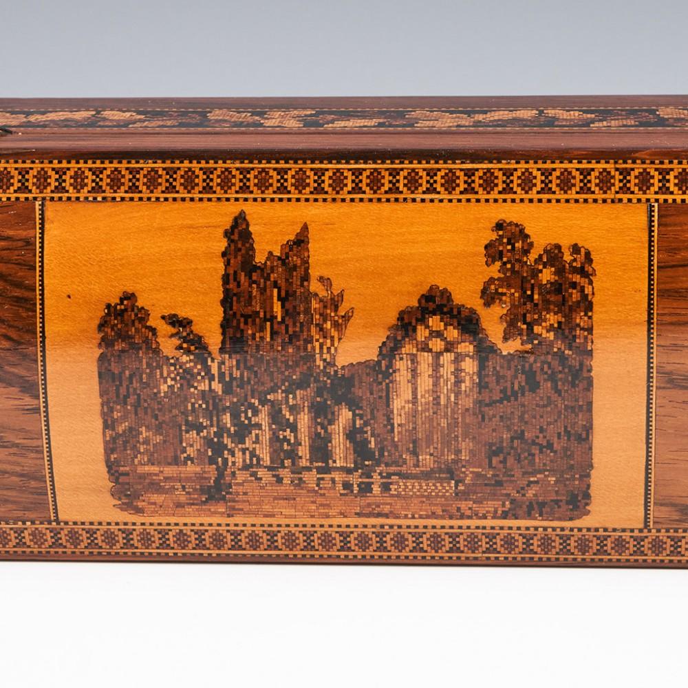 Satinwood Tunbridge Ware Glovebox with Mosaic Depicting Muckross Abbey, c1870 For Sale