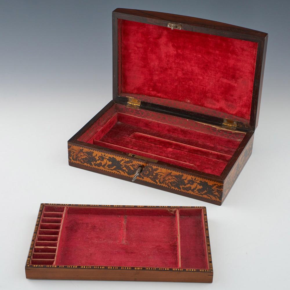 Wood Tunbridge Ware Jewellery Box Featuring Eridge Castle c1850 For Sale