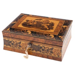Antique Tunbridge Ware Jewellery Box with Boy with Hawk Image c1855