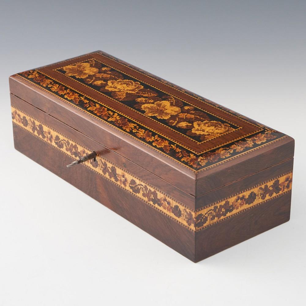 English Tunbridge Ware Pillow-topped Glove Box Box with Floral Mosaic, c1865 For Sale
