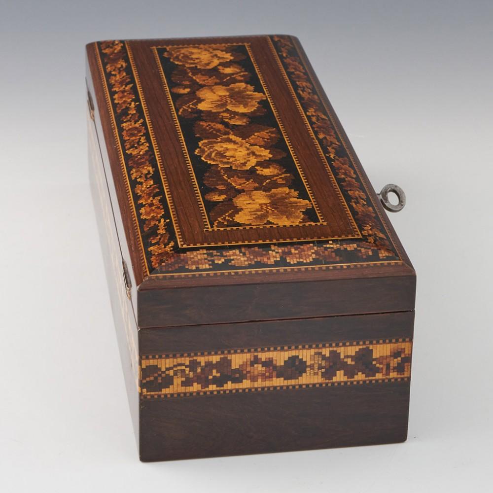 Satinwood Tunbridge Ware Pillow-topped Glove Box Box with Floral Mosaic, c1865 For Sale