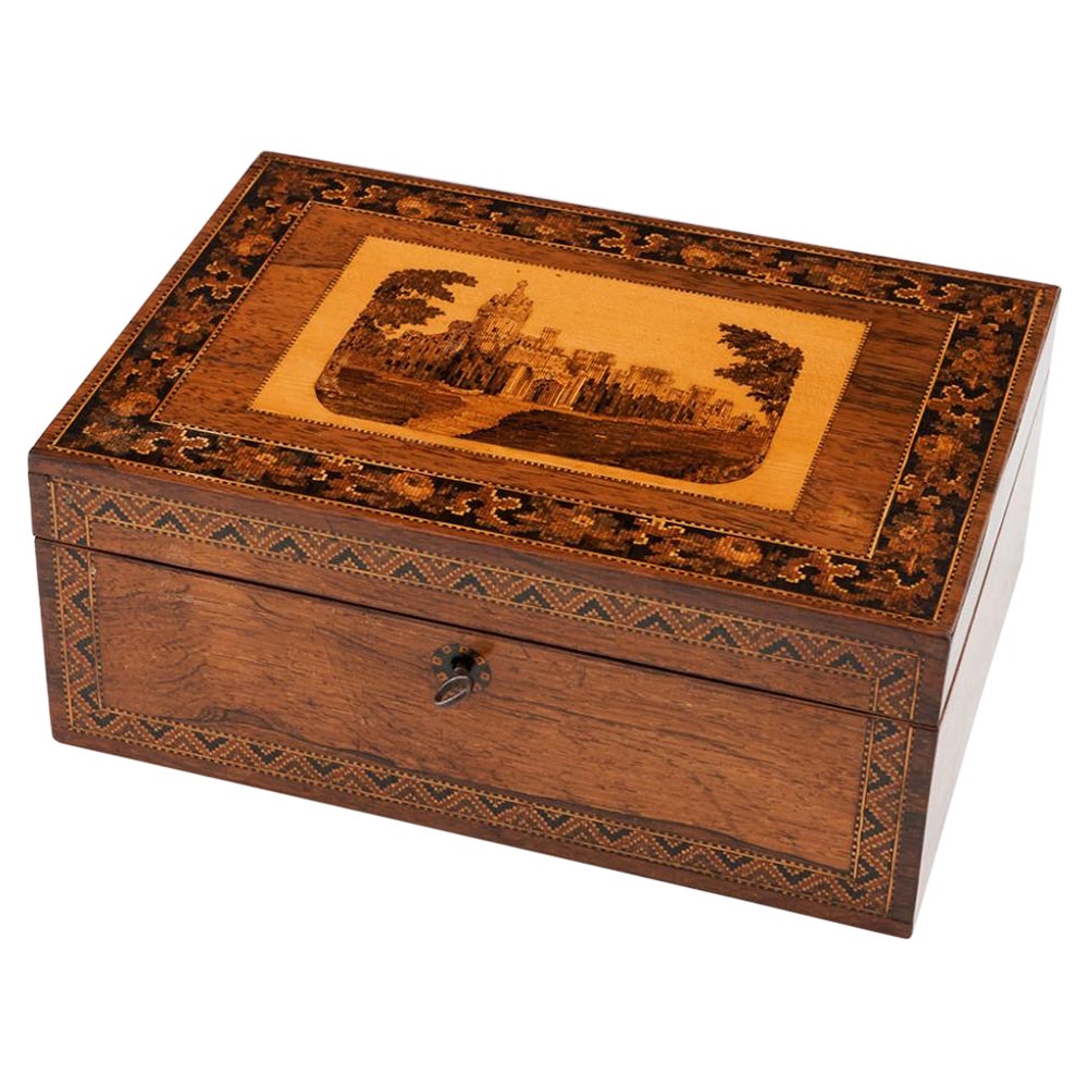 Scatola da cucito di Tunbridge Ware con mosaico topografico del castello di Eridge, 1860 ca.