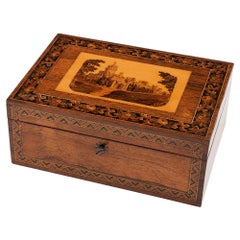 Scatola da cucito di Tunbridge Ware con mosaico topografico del castello di Eridge, 1860 ca.