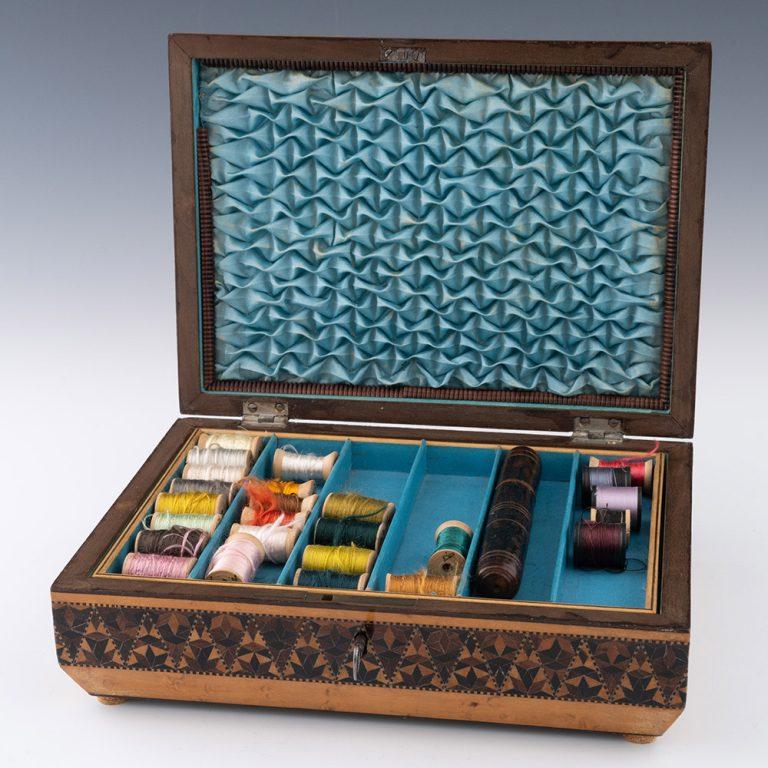 British Tunbridge Ware Sewing Box with Geometric Stickware c1840 For Sale