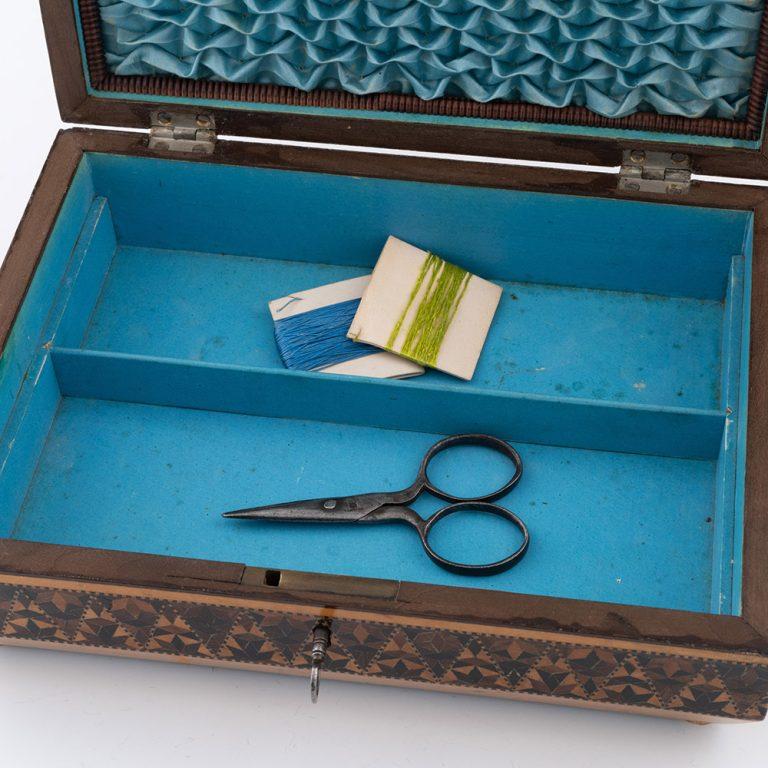 Wood Tunbridge Ware Sewing Box with Geometric Stickware c1840 For Sale