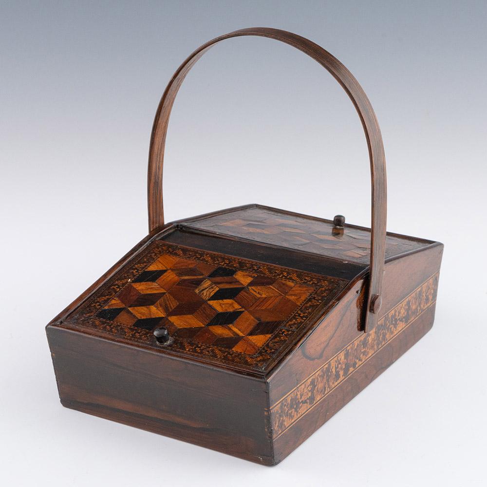 Victorian Tunbridge Ware Sewing Box with Swing Handle c1850 For Sale