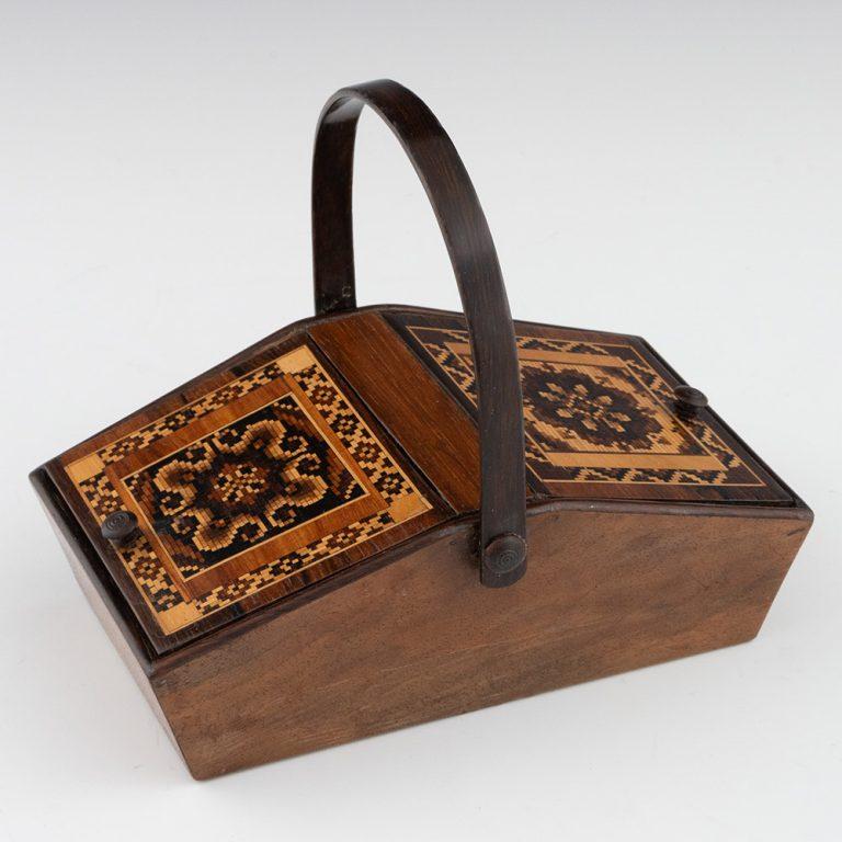Victorian Tunbridge Ware Sewing Box with Swing Handle Wise Jr c1865 For Sale