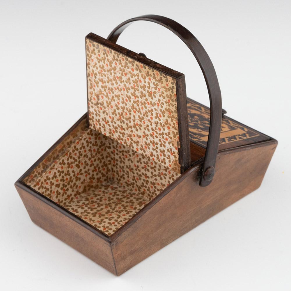 British Tunbridge Ware Sewing Box with Swing Handle Wise Jr c1865 For Sale