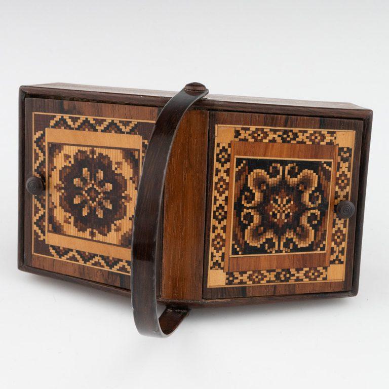 Mid-19th Century Tunbridge Ware Sewing Box with Swing Handle Wise Jr c1865 For Sale