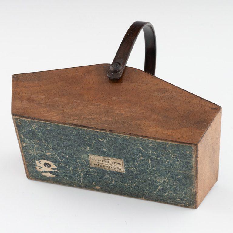 Wood Tunbridge Ware Sewing Box with Swing Handle Wise Jr c1865 For Sale