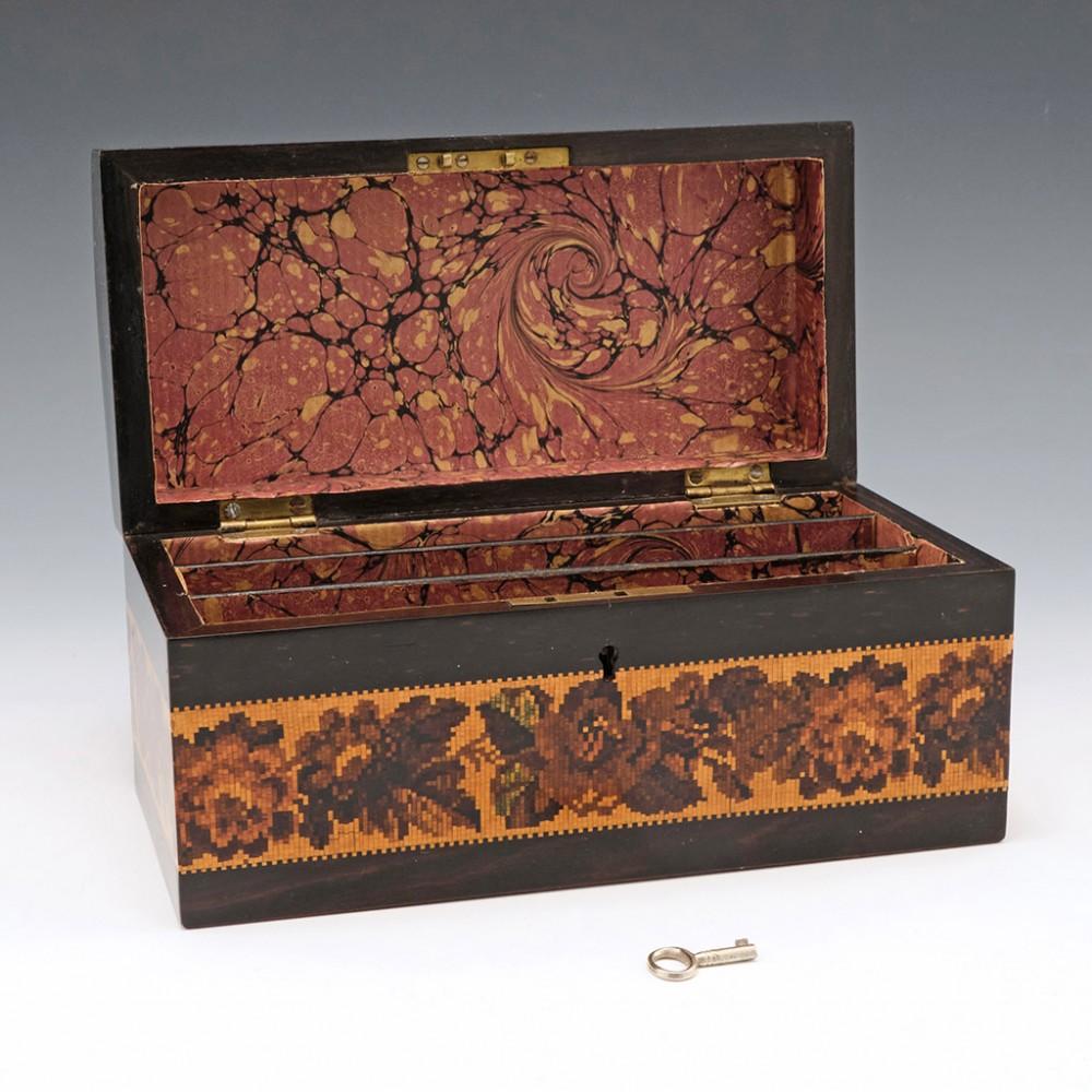 Tunbridge Ware Stationery Box, c1870

Additional Information:
Heading: A superb Tunbridge Ware three division stationery box
Date : c1870
Period : Victoria
Origin : Tunbridge Wells, Kent. England
Decoration : Mosaic spray of flowers on a rounded,