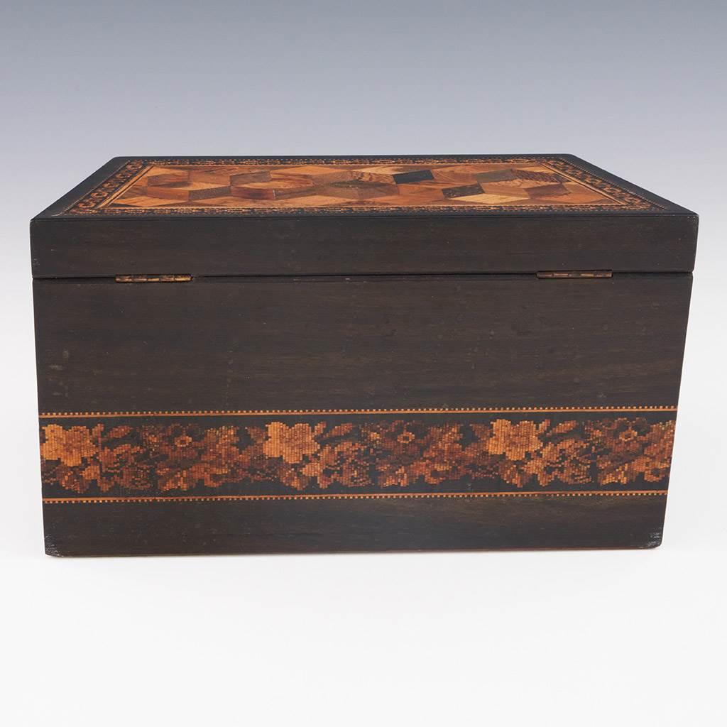 Anglais Boîte à papeterie de Tunbridge Ware - Mosaïque cubique et florale en vente