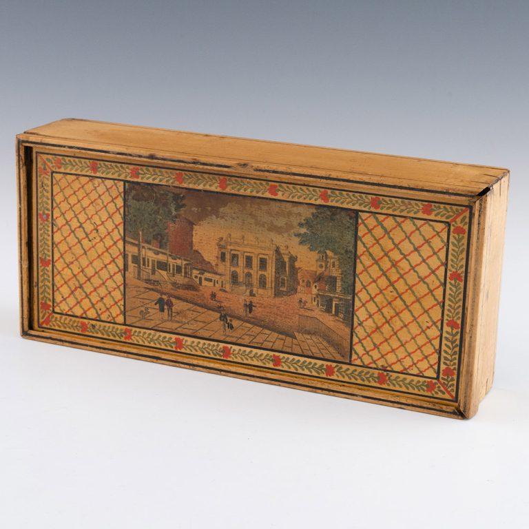 Wood Tunbridge Ware Stationery Box – Image of the Pantiles c1810 For Sale