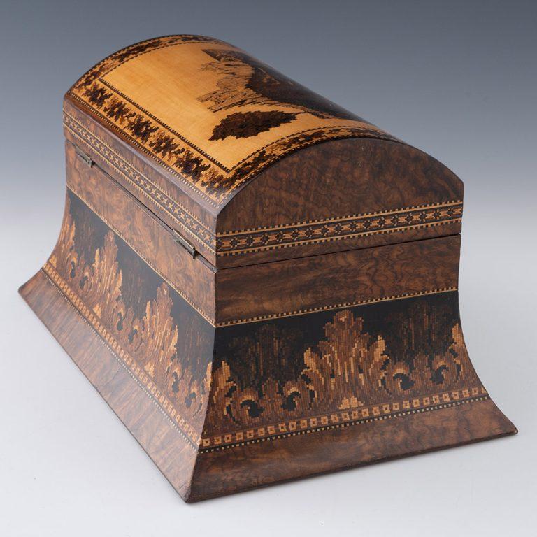 Wood Tunbridge Ware Stationery Box with Dover Castle Mosaic c1870 For Sale