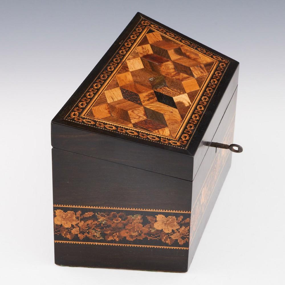 Victorian Tunbridge Ware Stationery Box with Isometric Cubes and Floral Mosaic, c1870 For Sale