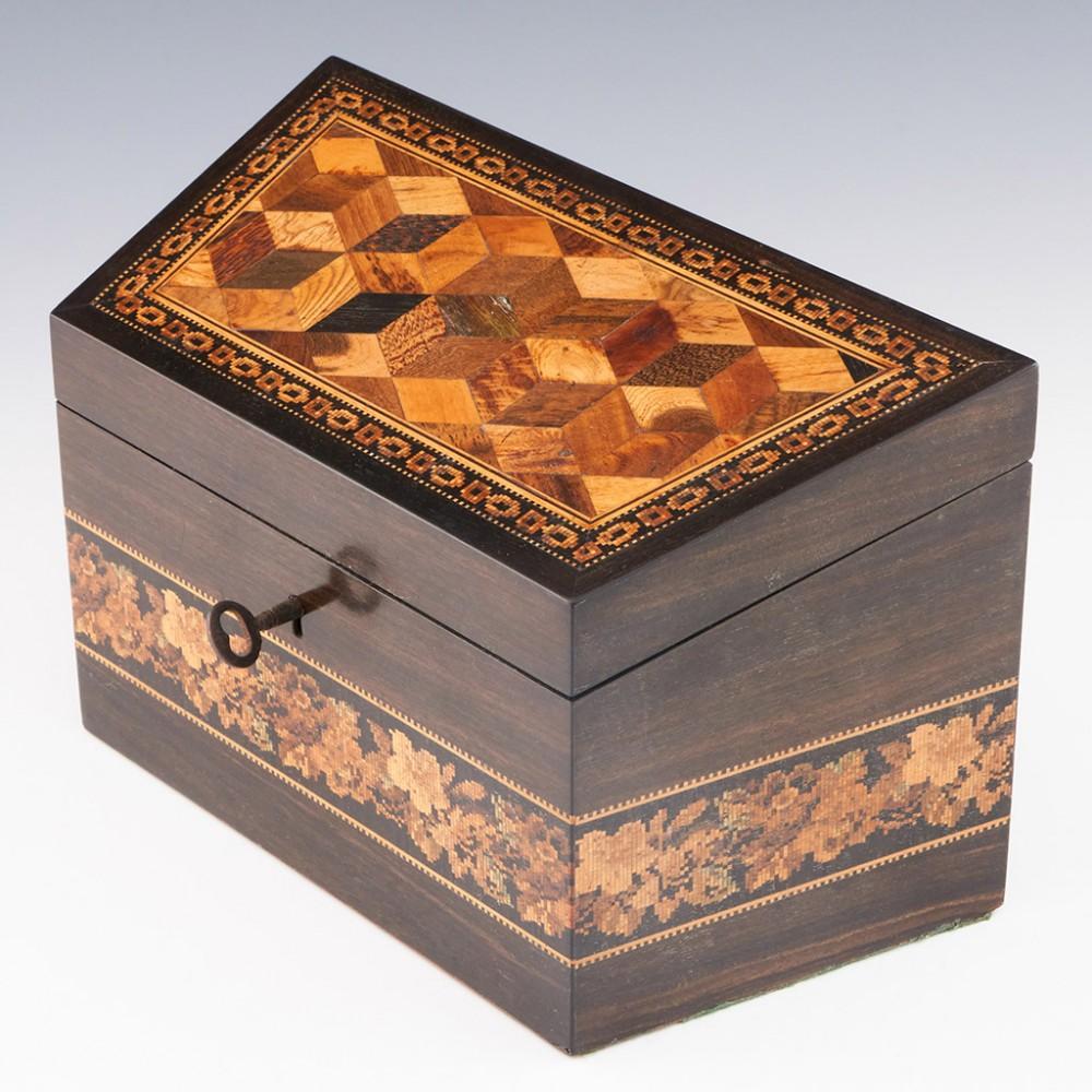 Tunbridge Ware Stationery Box with Isometric Cubes and Floral Mosaic, c1870 In Good Condition For Sale In Tunbridge Wells, GB