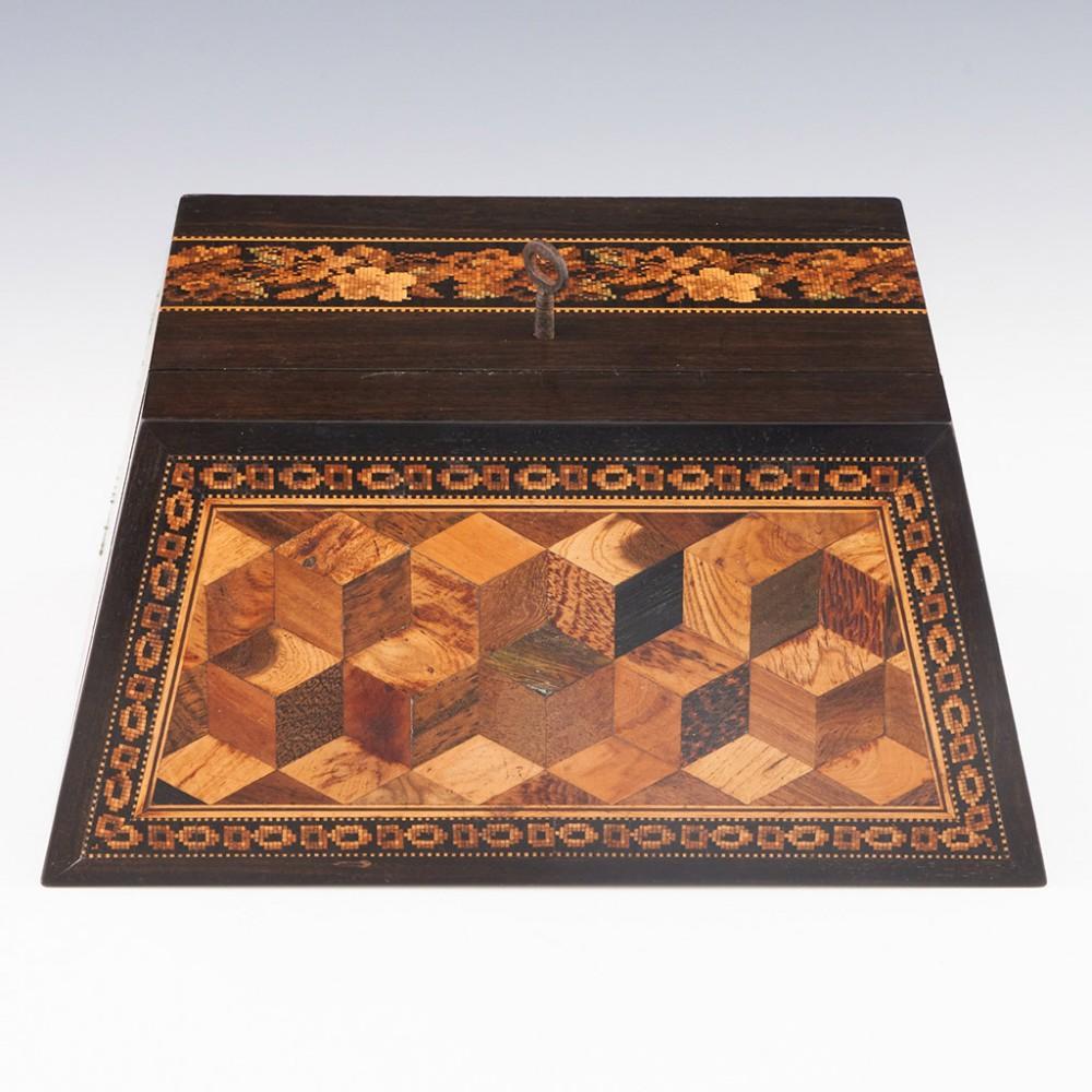 19th Century Tunbridge Ware Stationery Box with Isometric Cubes and Floral Mosaic, c1870 For Sale
