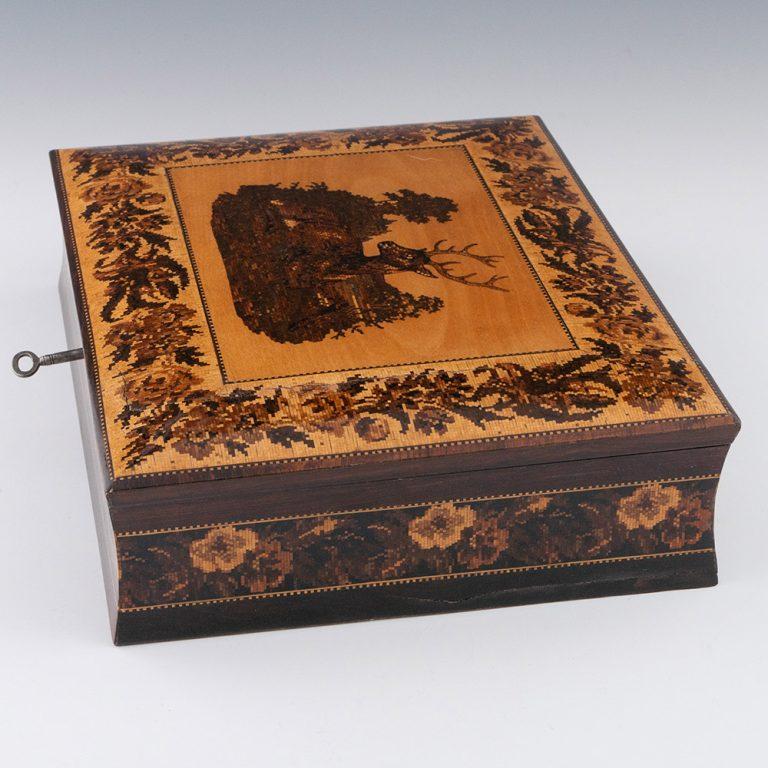 Tunbridge Ware Schreibwarenbox mit Schreibschräge um 1860 (Viktorianisch) im Angebot