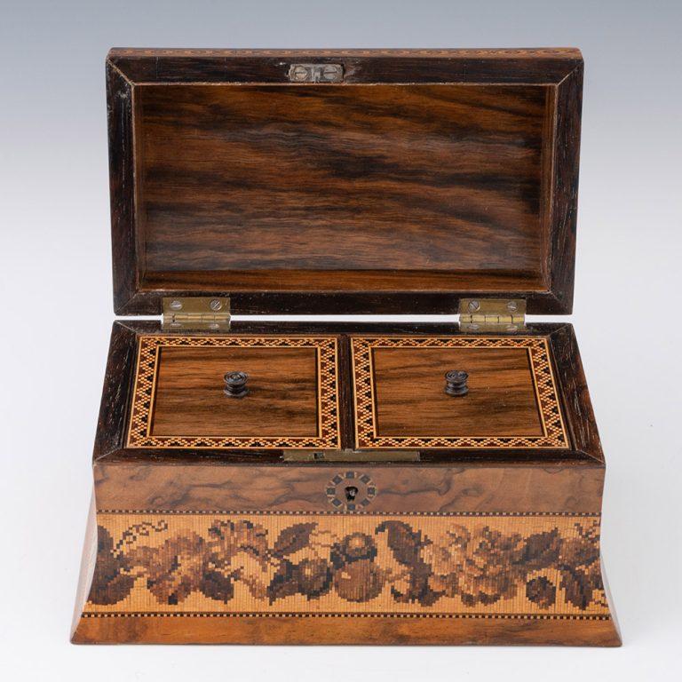 Victorian Tunbridge Ware Tea Caddy Battle Abbey Cloisters c1870 For Sale