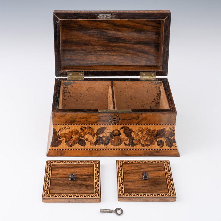British Tunbridge Ware Tea Caddy Battle Abbey Cloisters c1870 For Sale