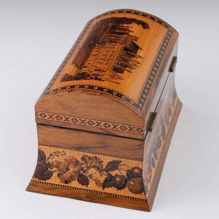 Late 19th Century Tunbridge Ware Tea Caddy Battle Abbey Cloisters c1870 For Sale