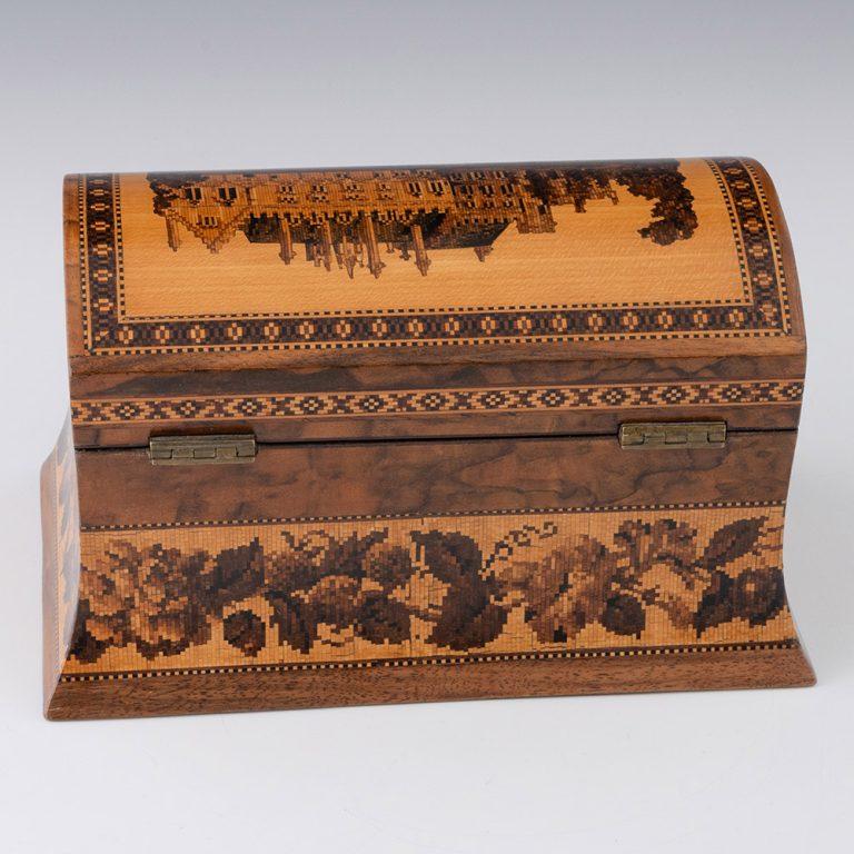 Wood Tunbridge Ware Tea Caddy Battle Abbey Cloisters c1870 For Sale