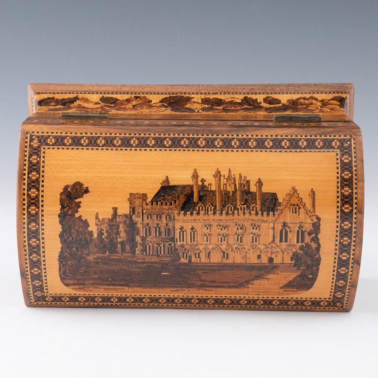 Tunbridge Ware Tea Caddy Battle Abbey Cloisters c1870 For Sale 1