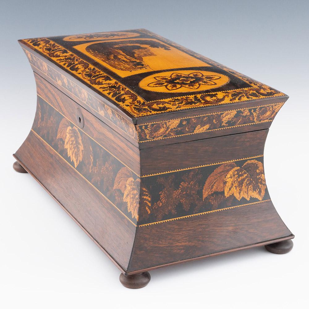 Vittoriano Tunbridge Ware Tea Caddy Immagine del castello di Carew del 1860 circa in vendita