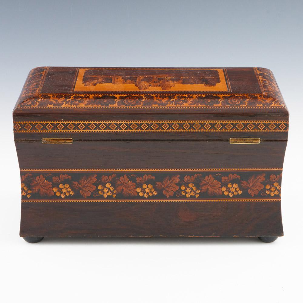 19th Century  Tunbridge Ware Tea Caddy with Herstmonceux Castle c1865 For Sale