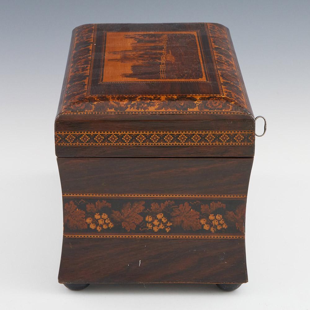 Wood  Tunbridge Ware Tea Caddy with Herstmonceux Castle c1865 For Sale
