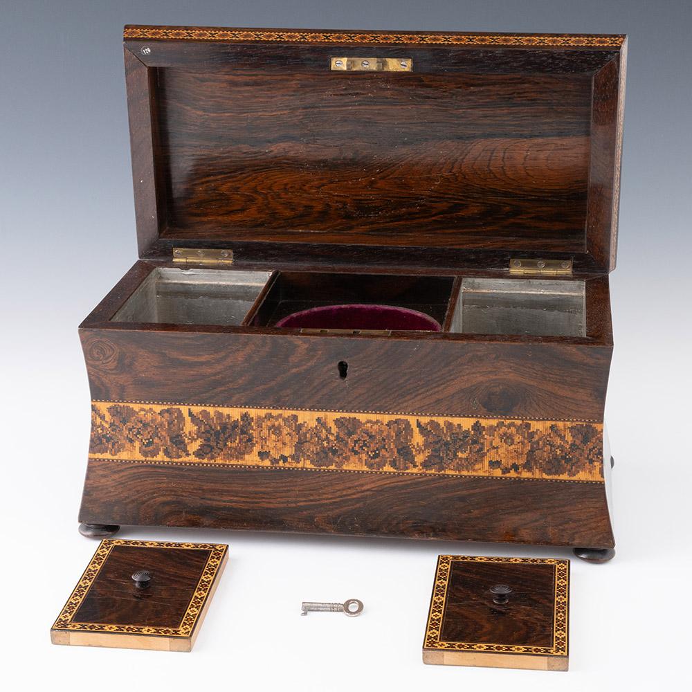 Victorien Boite à thé Tunbridge Ware avec image du château de Tonbridge vers 1880 en vente