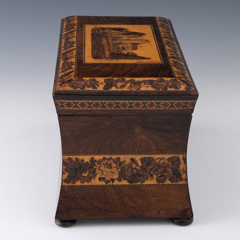 Boite à thé Tunbridge Ware avec image du château de Tonbridge vers 1880 Bon état - En vente à Tunbridge Wells, GB