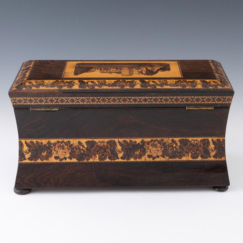 XIXe siècle Boite à thé Tunbridge Ware avec image du château de Tonbridge vers 1880 en vente