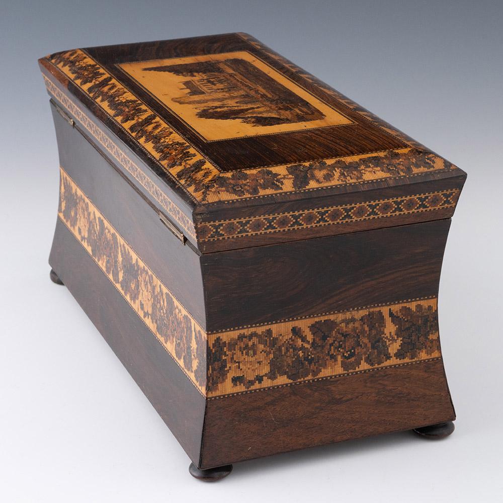 Bois Boite à thé Tunbridge Ware avec image du château de Tonbridge vers 1880 en vente