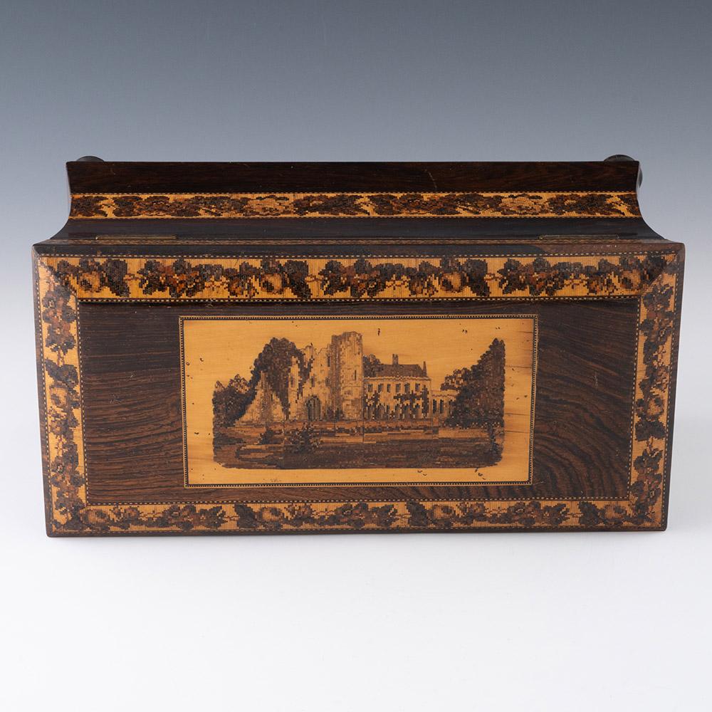 Boite à thé Tunbridge Ware avec image du château de Tonbridge vers 1880 en vente 1