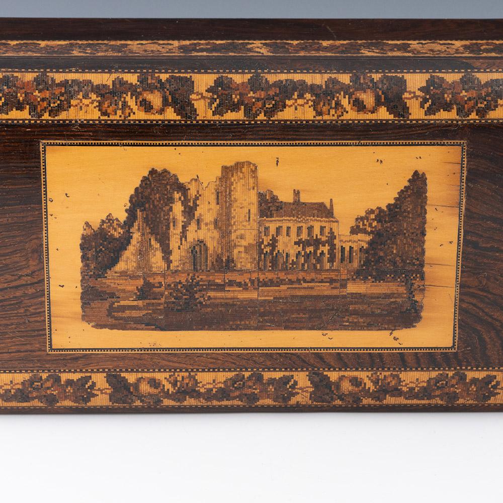 Boite à thé Tunbridge Ware avec image du château de Tonbridge vers 1880 en vente 2