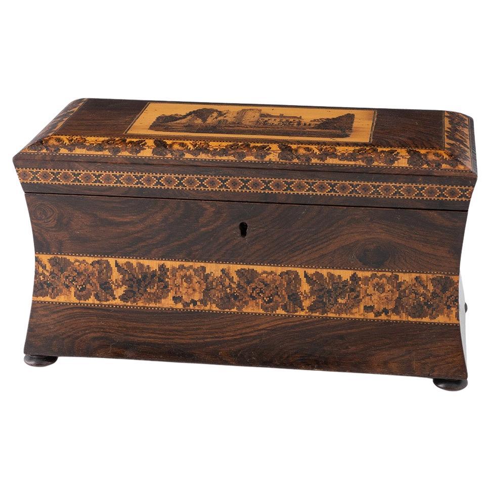 Boite à thé Tunbridge Ware avec image du château de Tonbridge vers 1880 en vente