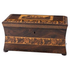 Boite à thé Tunbridge Ware avec image du château de Tonbridge vers 1880