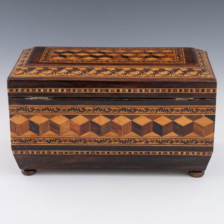 Porta tè di Tunbridge Ware con ciotola per mescolare di Upton del 1860 ca. in vendita 1
