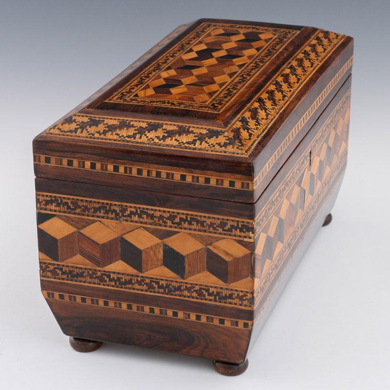 Porta tè di Tunbridge Ware con ciotola per mescolare di Upton del 1860 ca. in vendita 2