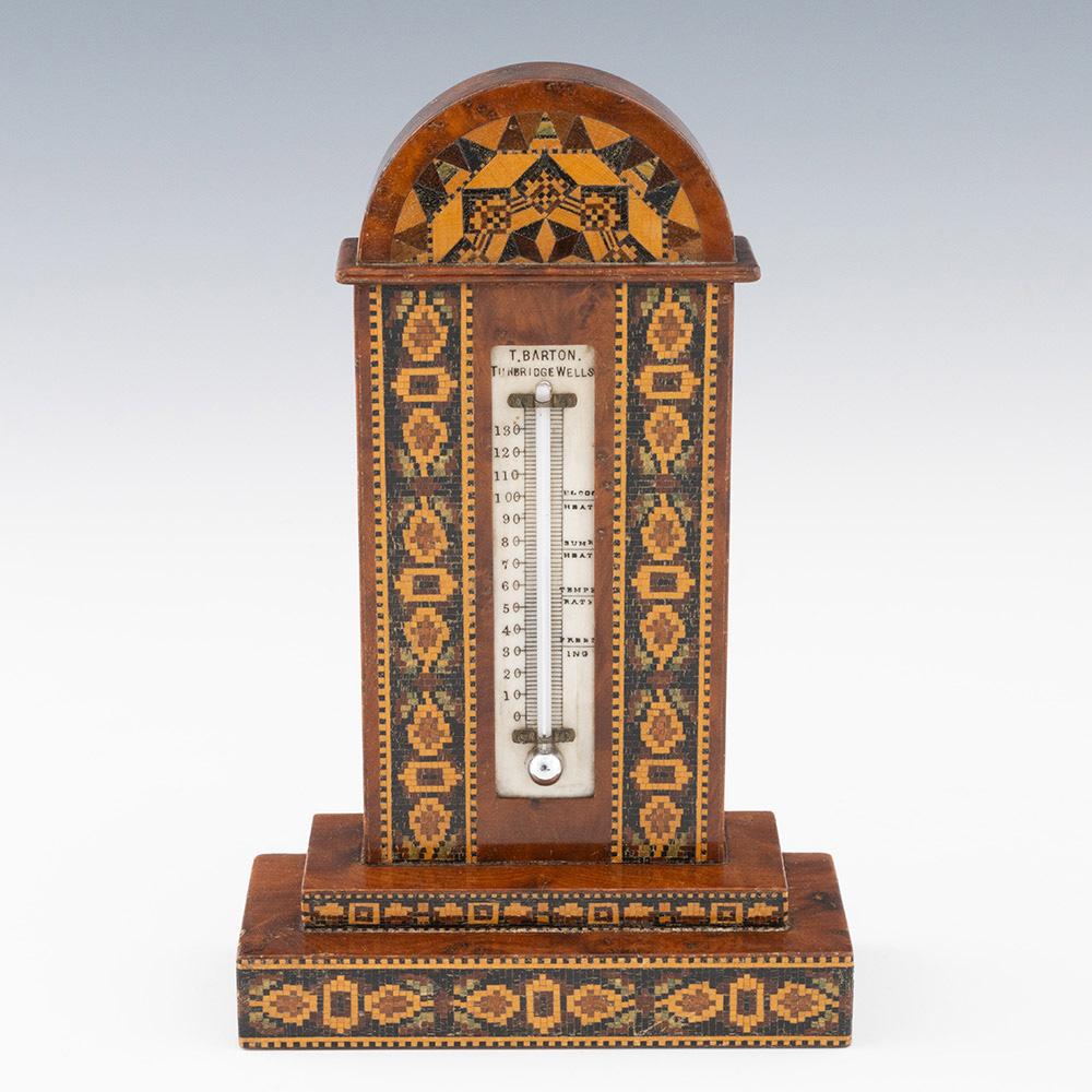 Heading : A Tunbridge Ware Thermometer

Date : Early period of Thomas Barton’s independence c1865

Period : Victoria

Origin : Tunbridge Wells, Kent

Decoration : Elaborate and fine van dyke pattern on the front face of the dome. A Geometric design
