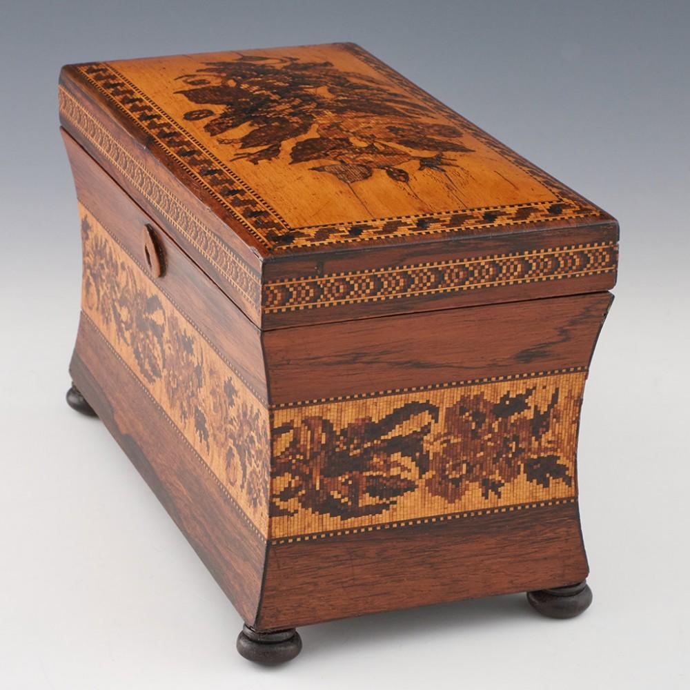 Tunbridge Ware Two Compartment Sarcophagus Tea Caddy c1860 In Good Condition For Sale In Tunbridge Wells, GB